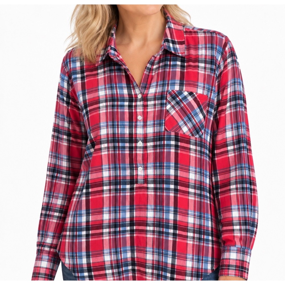 Talbots Womens XL Red Plaid Cotton Popover Shirt Roll Tab Long Sleeve Blouse
